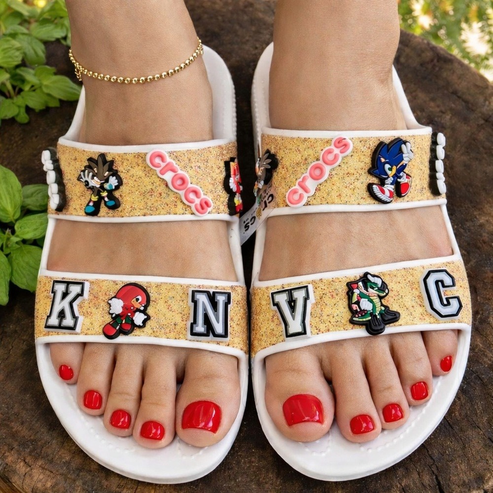 Shoes Sandals Two Straps White (W-9) Custom Made design with Sonic Forces Charms